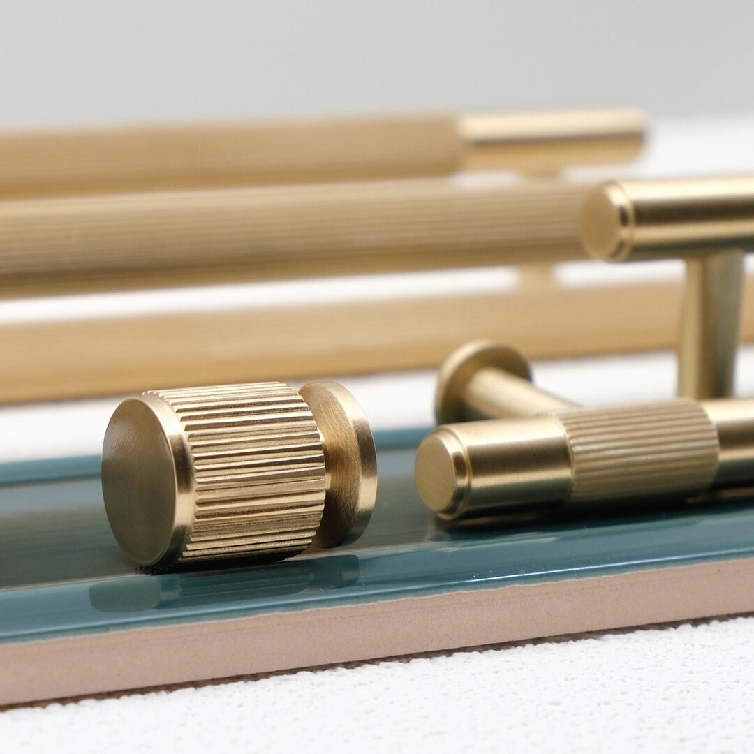 Fluted Gold Brass Cabinet Pulls Rimmed, Linear Knurled Brass Pulls, Modern Cabinet Pulls, Solid B... | Etsy (US)