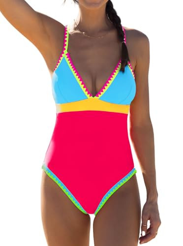 popvil Red Color Block One Piece Bathing Suit for Women V Neck Swimsuit Plunge Shell Trim Swimwear Tie Back | Amazon (US)