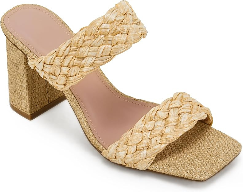 Syktkmx Womens Braided Heels Sandals Chunky Block Heel Double Strap Summer Dressy Sandal | Amazon (US)