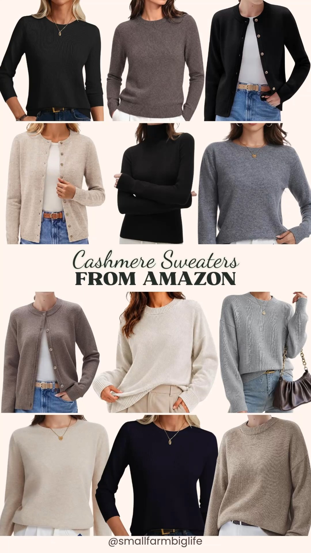 Cashmere Sweaters From Amazon 🍂 Cashmere sweaters are a cozy fall essential, and these Amazon finds look and feel so much more expensive than they are. Cashmere blend chunky button up cardigans come in black and heather brown, and there's an oatmeal beige cashmere cardigan that's perfect for layering. For classic pullovers, choose from fitted cashmere merino wool sweaters in black and dark navy, a heather brown crewneck sweater, and lightweight cashmere merino tops in grey heather and beige heather that work as a base layer under blazers. Love a relaxed fit? The oversized crewneck sweaters in grey, stone, and oatmeal have dropped shoulders for an effortless quiet luxury look. A black cashmere blend turtleneck sweater rounds out the collection. These soft, warm sweaters are perfect for business casual workwear, travel, and fall outfits for women over 50 and beyond!

#amazonfashion #amazonfinds #cashmeresweater #sweaterweather #falloutfits #quietluxury 

 #LTKootd #LTKOver40 #LTKWorkwear