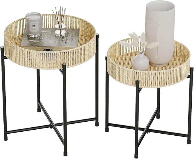 Bamworld Round Coffee Tables Set of 2 Nesting Tables Rattan Side Tables Boho End Tables for Livin... | Amazon (US)