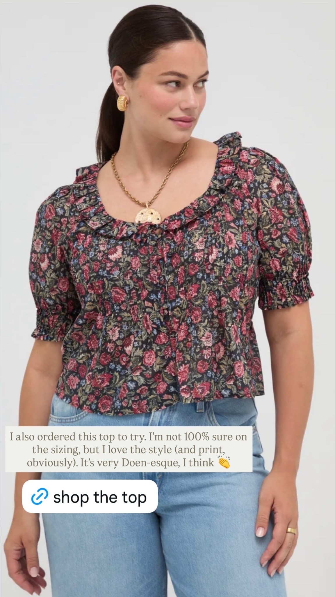 I also ordered this top to try. I’m not 100% sure on the sizing, but I love the style (and print, obviously). It’s very Doen-esque, I think 👏