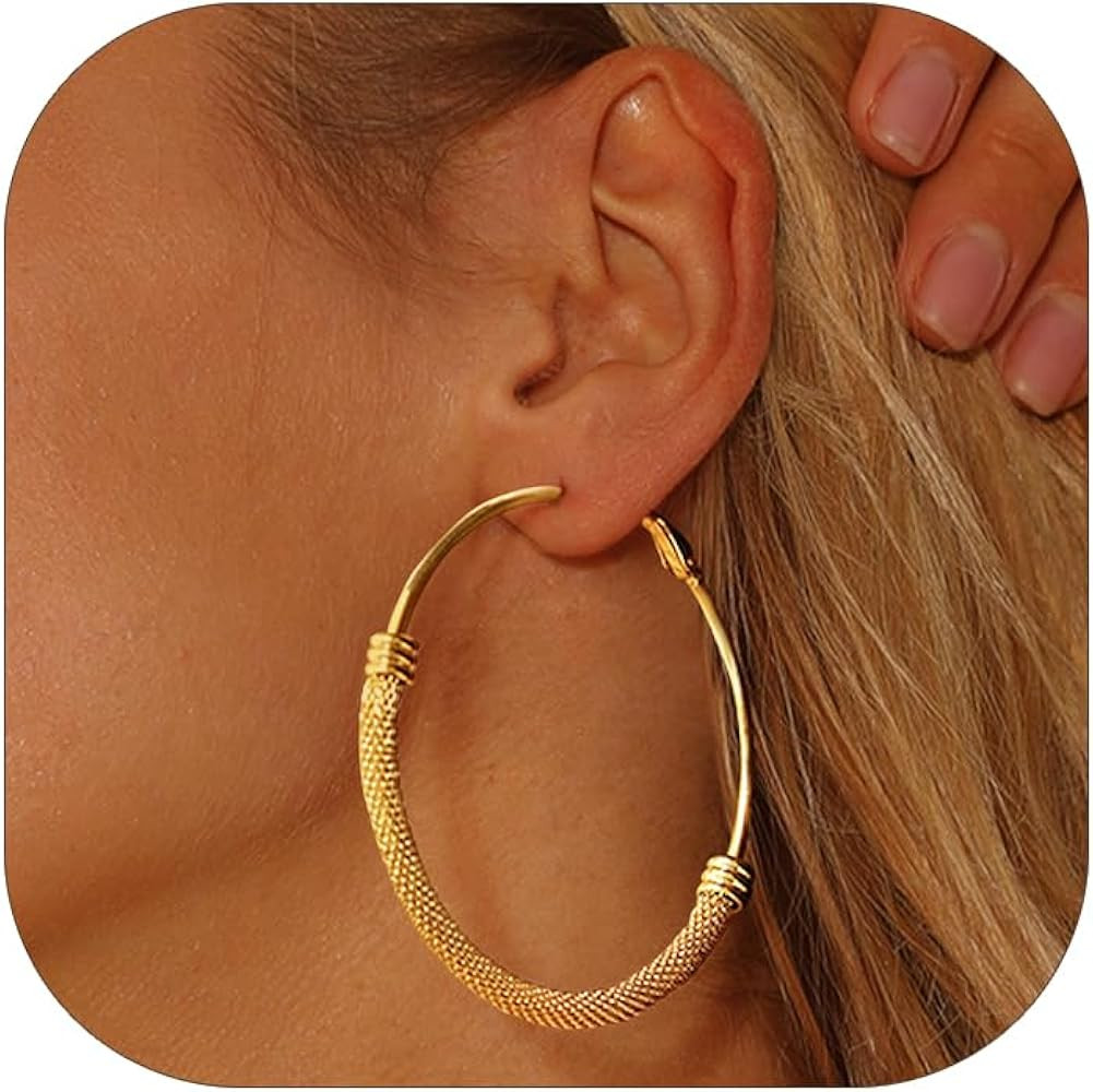 FOCALOOK 14K Gold Hoop Earrings, Lightweight Hypoallergenic Large Stainless Steel Black Hoops for... | Amazon (US)