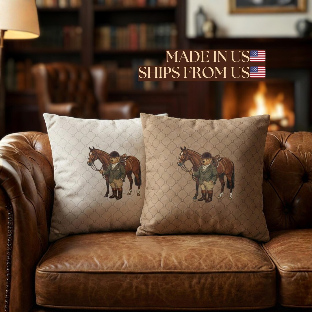 Personalized Teddy Bear Equestrian Faux Suede Pillow Case, Custom Name Initials Horseshoe Cushion... | Etsy (US)