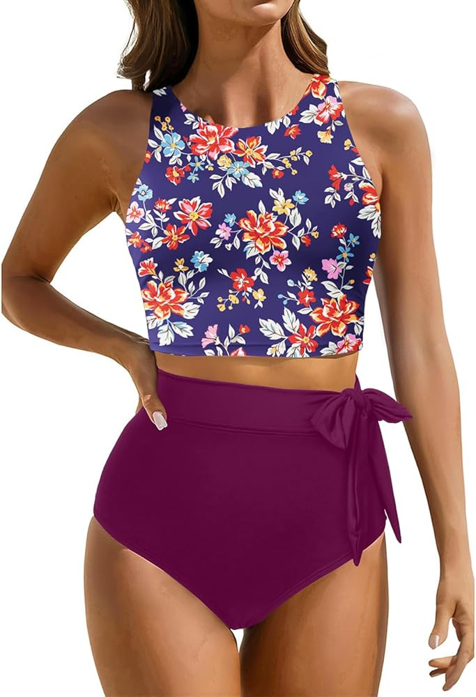 Aqua Eve Women High Waisted Bikini Set Racerback Swimsuit Two Piece Bathing Suit High Neck Swimwe... | Amazon (US)