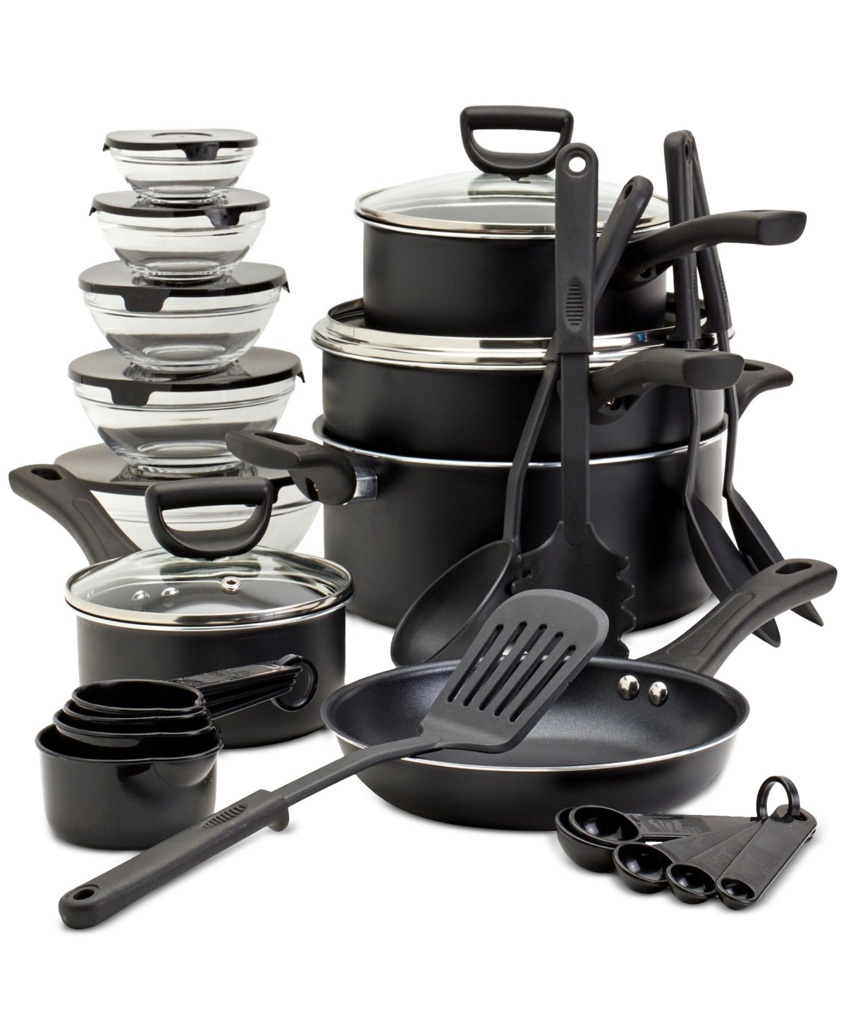 Basic Essentials 32-Pc. Nonstick Aluminum Cookware Set - Black | Macy's