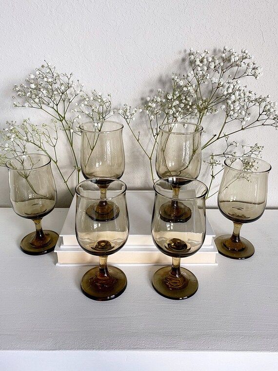 Vintage Smoke Brown Wine Glasses Set of 6 | Etsy | Etsy (US)