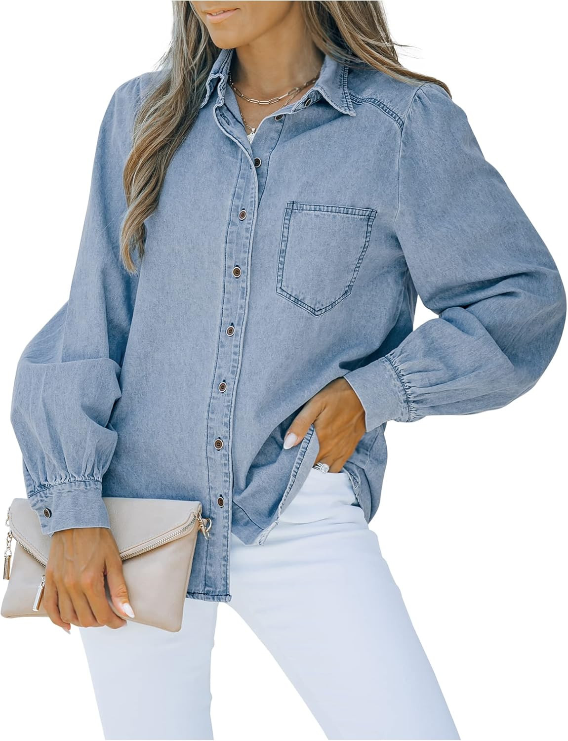 luvamia Women's Denim Shirt Collared Button Down Shirts Puff Long Sleeve Tops | Amazon (US)