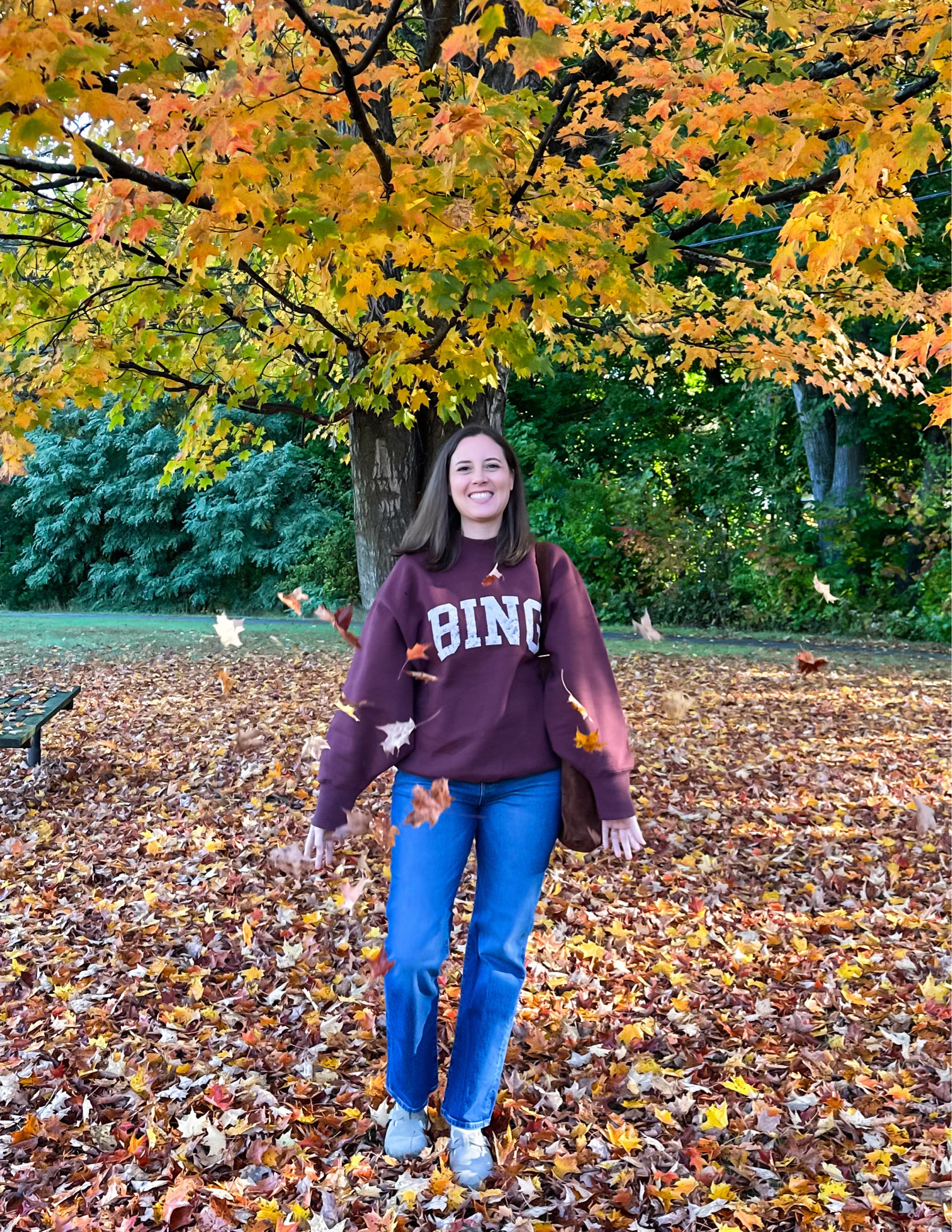 Throwing leaves in Vermont… how original. 🍁 I hope y’all aren’t tired of seeing my fall content quite yet because I have more to share over the next couple of weeks. 

My jeans and bag are on sale in the LTK app this weekend! Happy Saturday! 🤗 #falloutfit #crispair #vermontoutfit 

#LTKSeasonal #LTKGiftGuide #LTKxMadewell