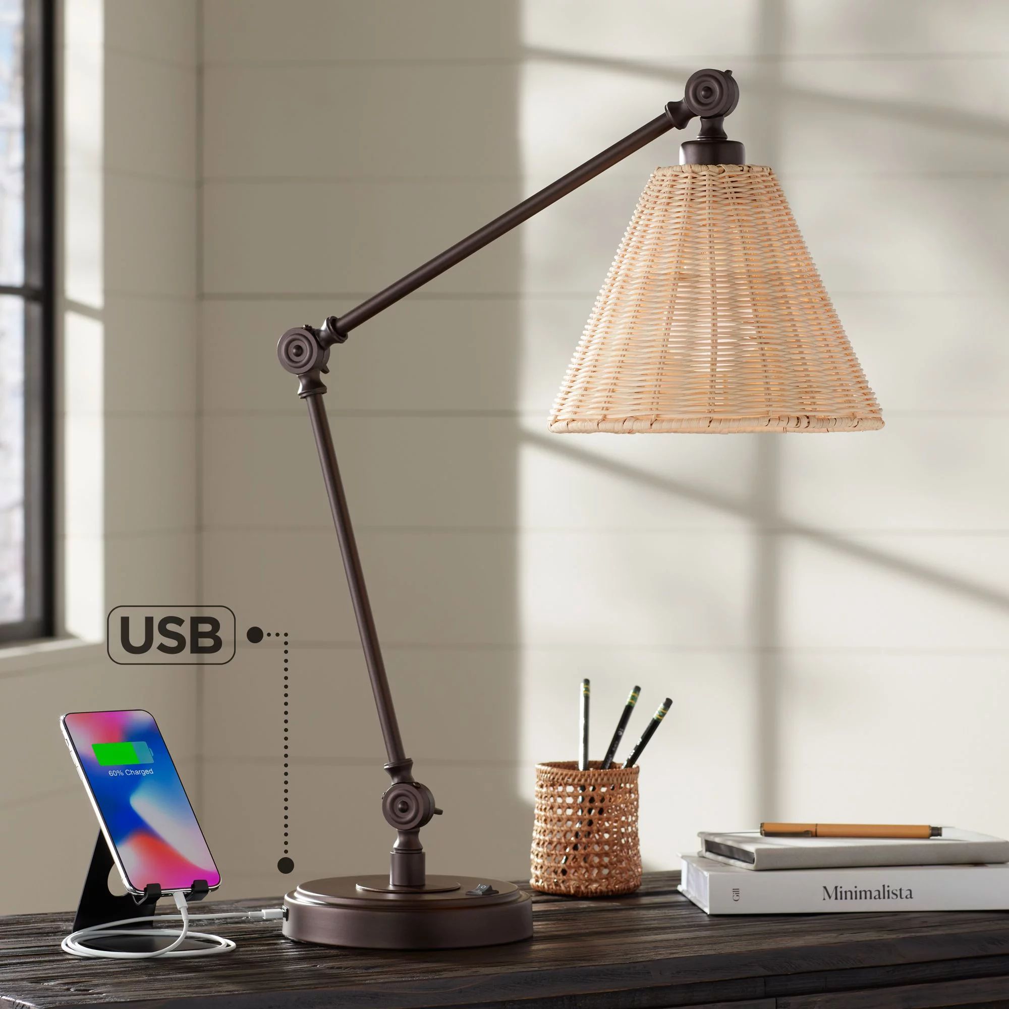 Barnes and Ivy Rowlett Rustic Farmhouse Desk Table Lamp 28 1/2" Tall Metal with USB Charging Port... | Walmart (US)