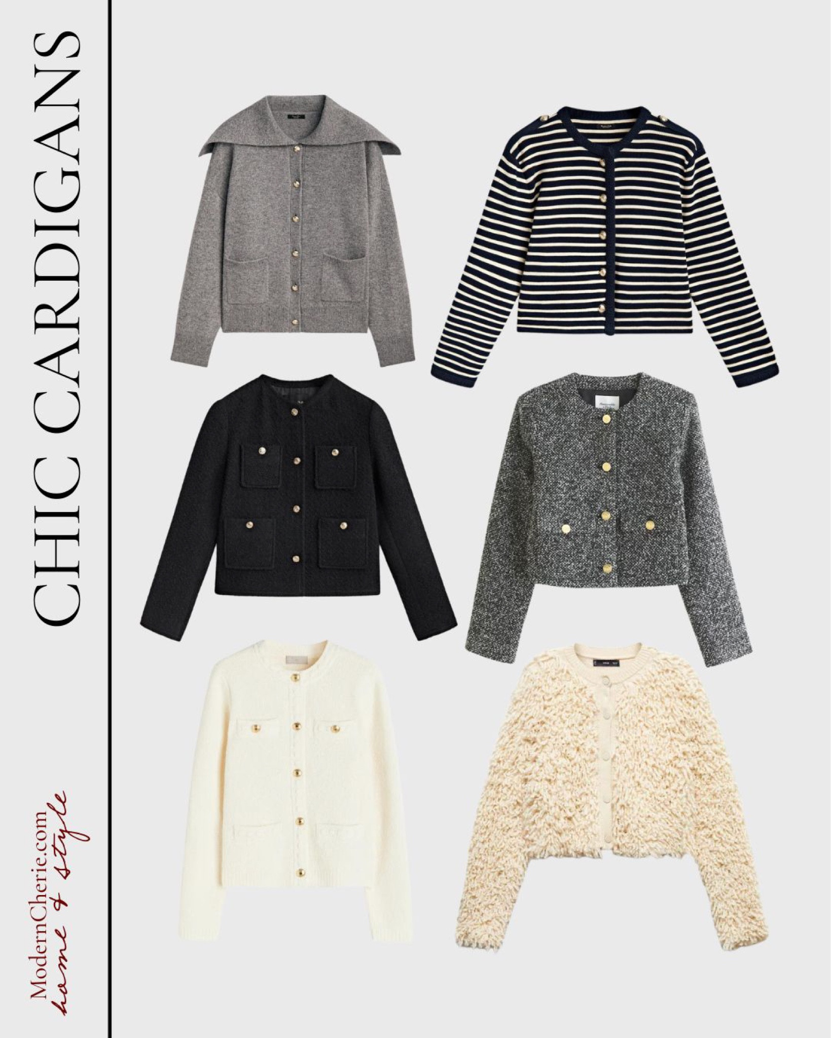 Fall cardigans with gold buttons. Celine dupes. Grey cardigan. Navy cardigan. Cream cardigan. Sweaters. Chic fall outfit. Fall style Inspo  