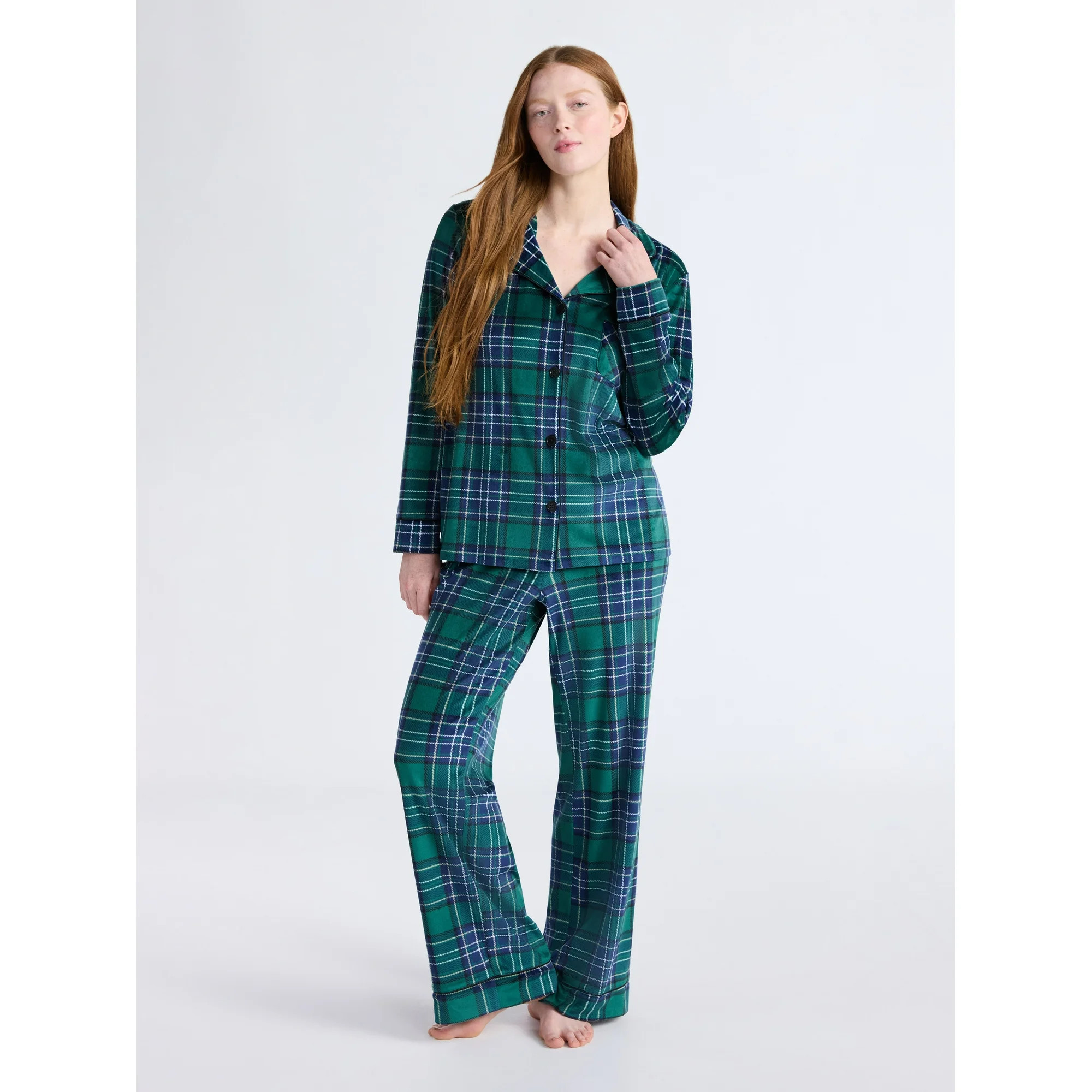 Joyspun Women’s Stretch Velour Notch Collar Long Sleeve Pajama Set, Sizes XS to 4X | Walmart (US)