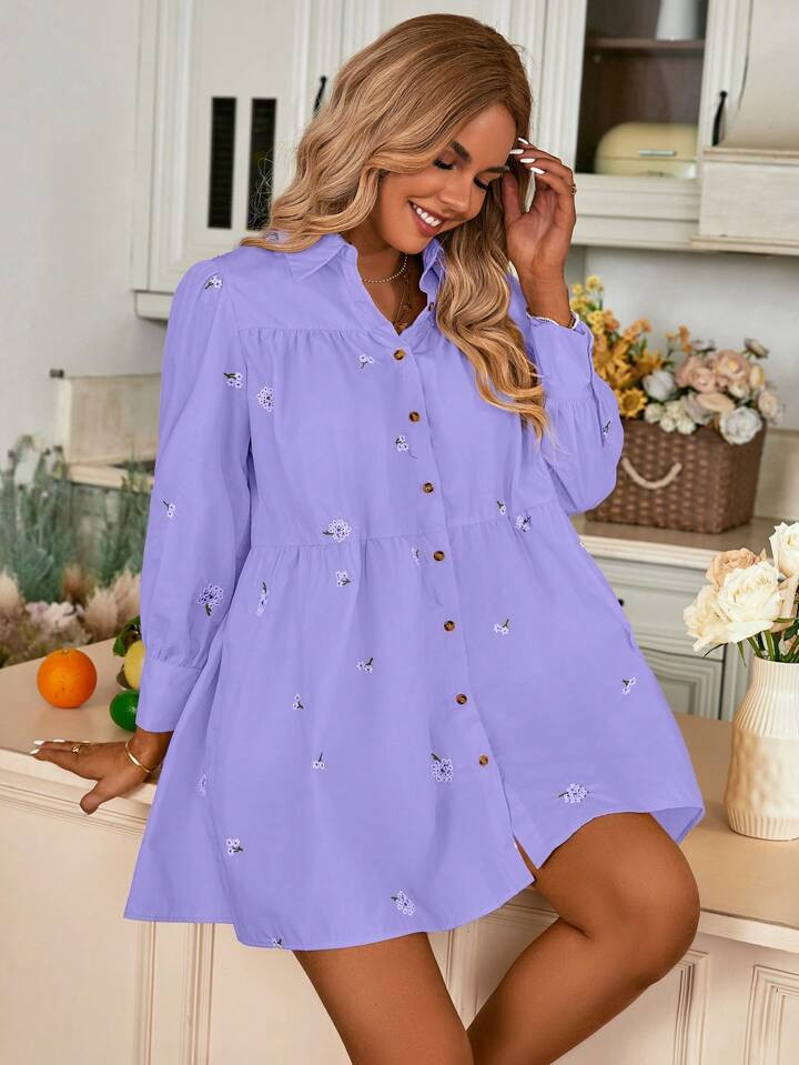 SHEIN VCAY Floral Embroidery Button Front Smock Dress | SHEIN