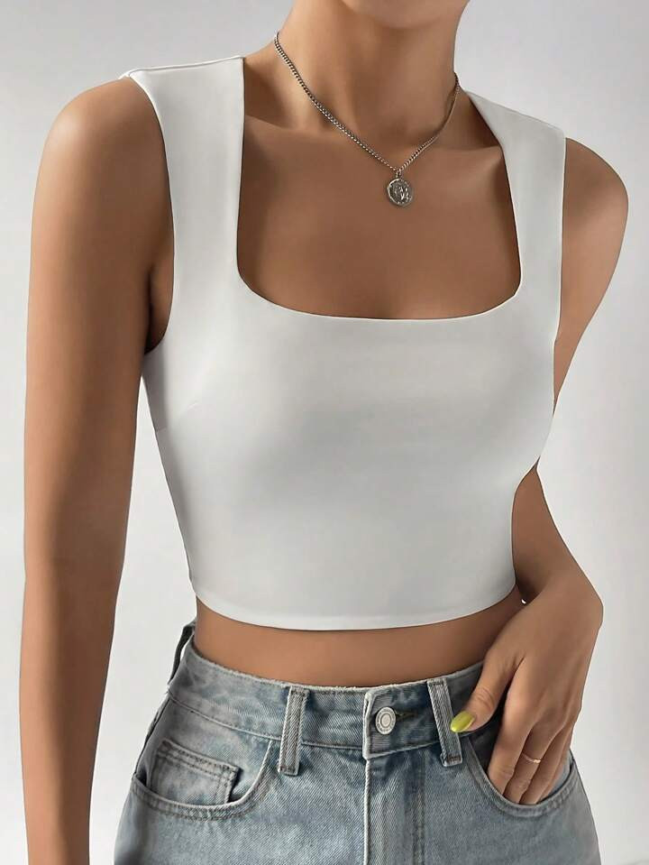 SHEIN EZwear Balletcore Solid Crop White Tank Top | SHEIN