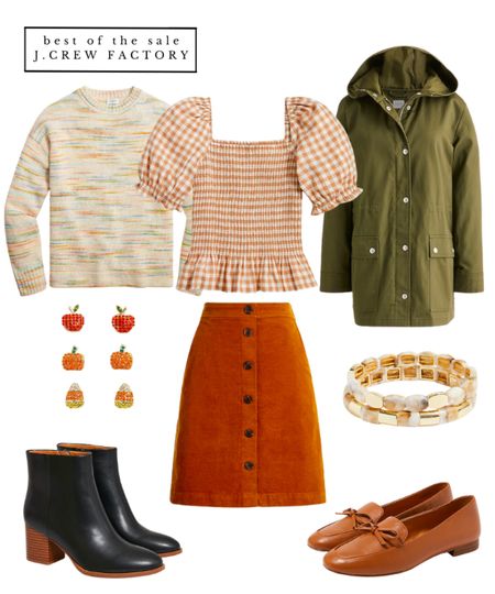 50% off everything JCrew Factory fall sale / Fall outfits inspiration! A flannel smocked top, pastel crew neck sweater, fall charm earrings, black ankle boots and corduroy skirt will have you looking stylish at the farmers market. #falloutfit #fallfashion #fallsale #jcrewfactory 

#LTKsalealert #LTKstyletip #LTKSeasonal