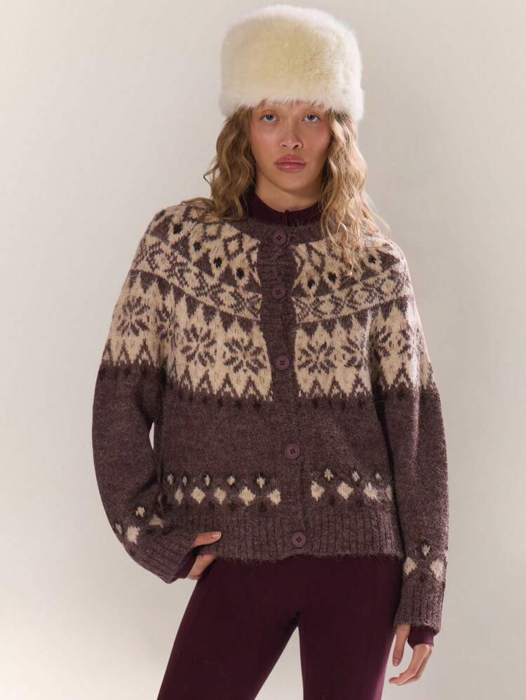 MUSERA Argyle Brushed Fluffy Knit Button Down Cardigan Autumn Fall Winter Ski Vacation Christmas Lounge Holidays New Year | SHEIN