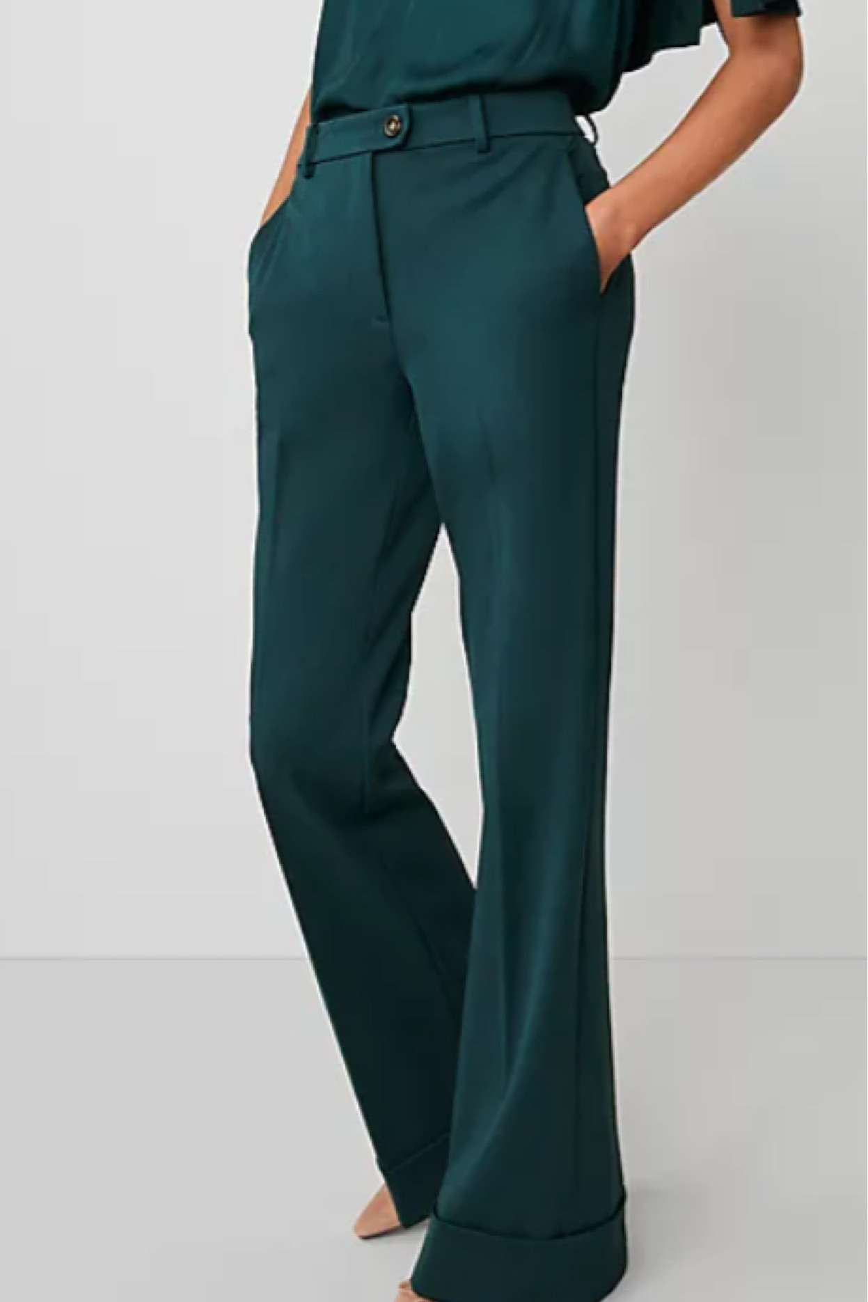 Cuffed tab waist trouser in ‘deep slate green’ from Ann Taylor 
Forest green / kingfisher 
House of colour / Autumn 

#LTKWorkwear #LTKFindsUnder100 #LTKStyleTip