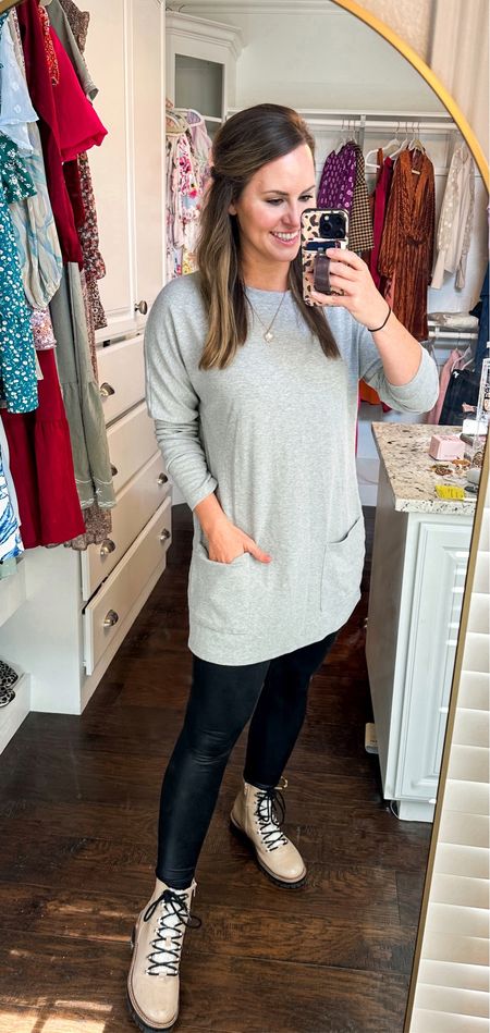 Amazon fashion finds: tunic top to wear with leggings. Fall outfit. Perfect Thanksgiving outfit, comfy sweater tunic (sweatshirt material & so cozy) Paired with faux leather leggings and target hiking boots! 

 Casual outfit. mom style. Travel outfit. Fall & winter outfit. Target style. Target boots. Amazon fall clothes. 

#LTKfindsunder50 #LTKSeasonal #LTKtravel