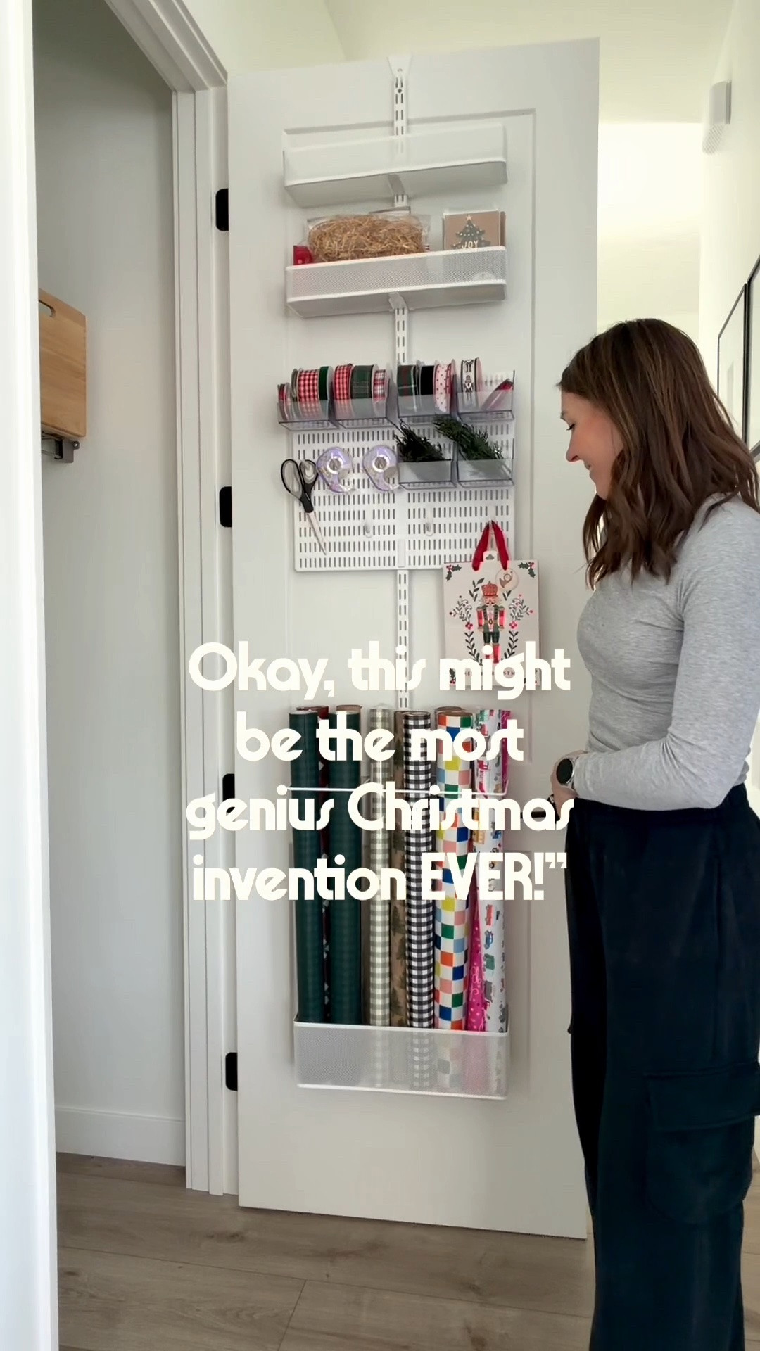 I bought this door organizer for wrapping paper last Christmas and it has saved my sanity! I love that all my wrapping supplies are in one place AND I can actually use this closet now. 

You can mount this to the door or hang it over the door (like me). Side note, if you have taller doors, you have to buy the longer bracket. I learned the hard way with our 8’ doors!

#organization #doororganizer #organizeyourhome