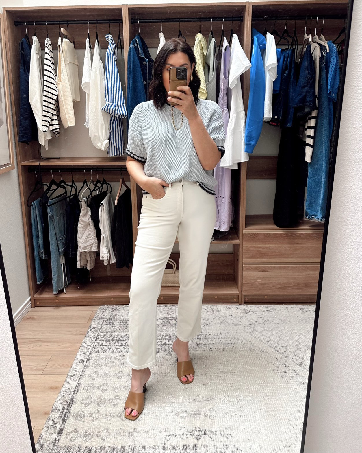 I have this pair of jeans in a blue but in the size large and they’re too big. So I went with medium on these in the white and they’re just a touch snug on me. I’m in between a medium and large in their jeans, it seems. But thats okay! These still fit and most importantly they’re comfortable. They are non-sheer, too. Which is rare with a white jean! I’d say they’re a generous but TTS fit.

I'm in the large of the sweater, but it runs big a medium would fit better.  

 