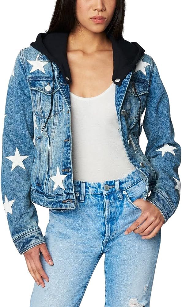 [BLANKNYC] womens Luxury Clothing Denim Trucker Jacket with Removable Hood, Starlight, Small US | Amazon (US)