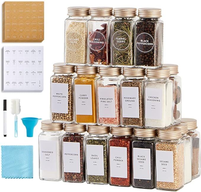 Skiileor 36 Pcs Spice Jars with Label- Glass Spice Jars with Gold Metal Caps,Shaker Lids, Funnel,... | Amazon (US)