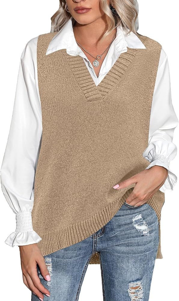 Zeagoo Sweater Vest Women Sleeveless V Neck Oversized Pullover Knitted Tops 2026 Fall Outfits | Amazon (US)