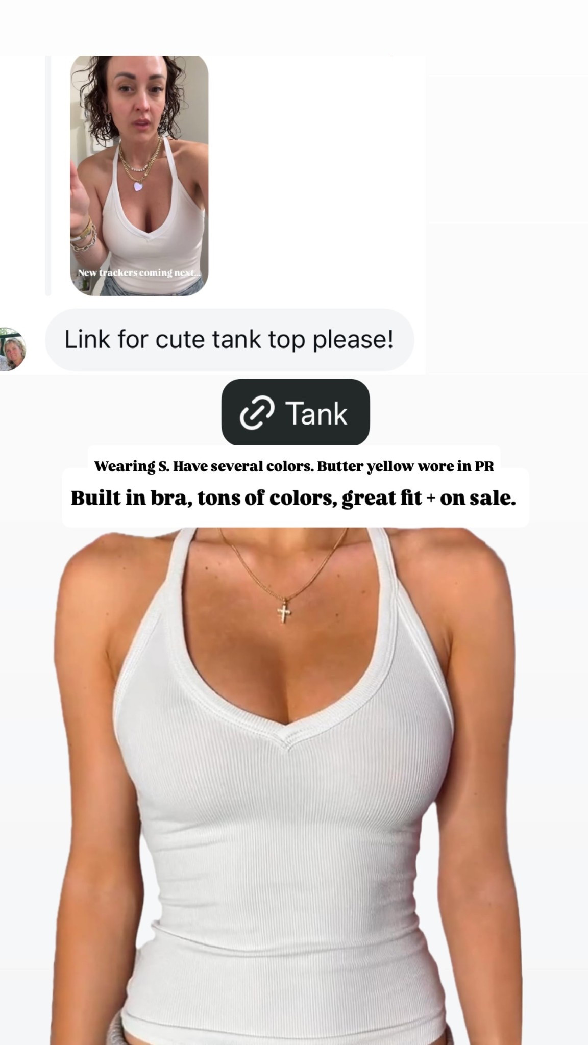 Built in bra, tons of colors, great fit + on sale.  Wearing S. Have several colors. Butter yellow wore in PR