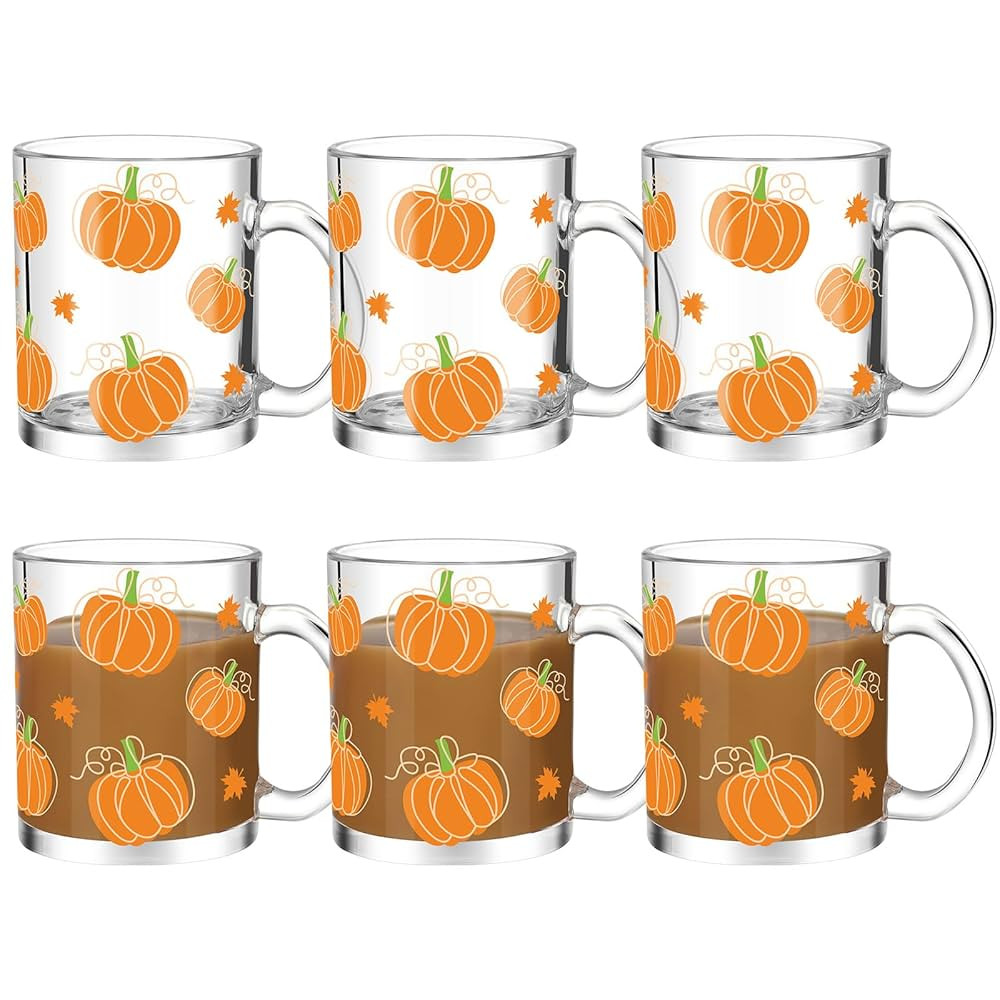 Maxcheck 6 Pack 12 oz Fall Pumpkin Coffee Mugs Glass Cups Thanksgiving Gifts Bulk Clear Drinking ... | Amazon (US)