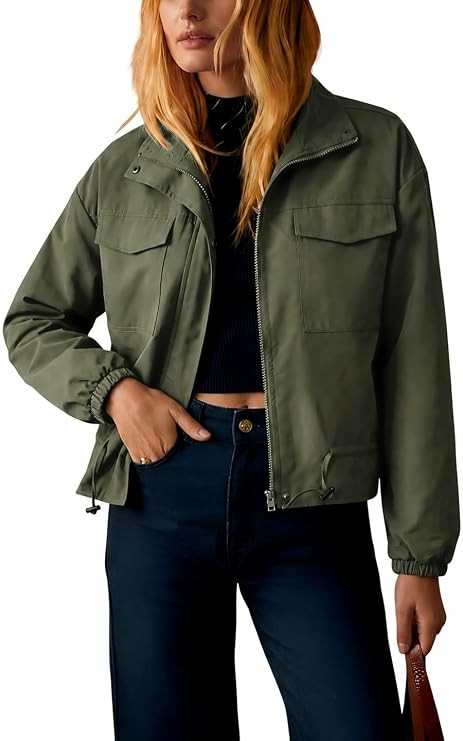 Angashion Bomber Jacket Women Cropped Zip Up Military Safari Pockets | Lightweight, Utility Jacke... | Amazon (US)