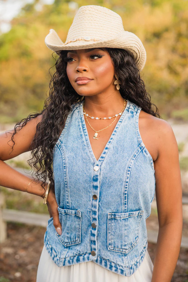 Beneath The Moon Medium Wash Denim Vest | Pink Lily