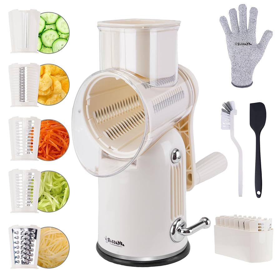 5 in 1 Rotary Cheese Grater Vegetable Slicer with Handle - Upgraded Hand Crank Cheese Grater with... | Amazon (US)