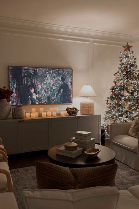 A cozy living room is my happy place 🥹 Cozy decor, christmas tree decor, pre lit christmas tree, prelit tree, hygge, led candles, flameless candles

#LTKSeasonal #LTKhome #LTKHoliday
