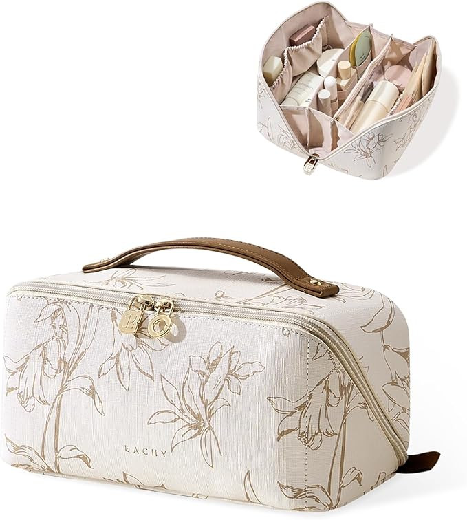 EACHY Travel Makeup Bag,Large Capacity Cosmetic Bags for Women,Waterproof Portable Pouch Open Fla... | Amazon (US)