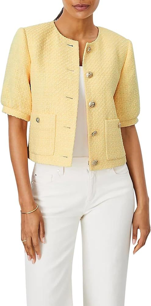 SOCFEEL Women's Cropped Short Puff Sleeve Tweed Jacket Spring Summer Office Work Business Blazer ... | Amazon (US)