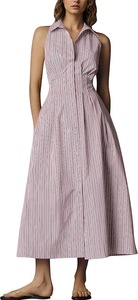 Eutten Sleeveless Shirt Dress Women Collared Button Down Pleated Midi Dress Summer Casual Striped... | Amazon (US)