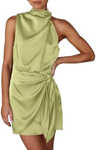 PRETTYGARDEN Women's Short Formal Satin Dress Summer Sleeveless Mock Neck Tie Waist Cocktail Part... | Amazon (US)