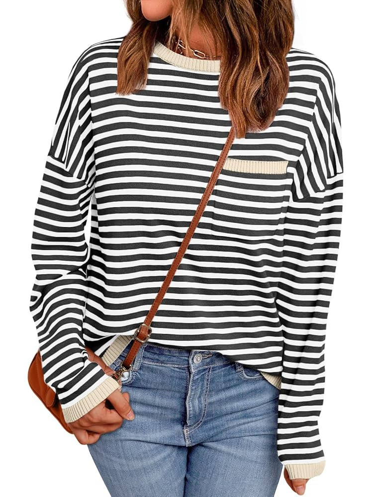 LILLUSORY Womens Striped Soft Knit Pullover Sweater Loose Fit Shirts with Chest Pocket | Amazon (US)