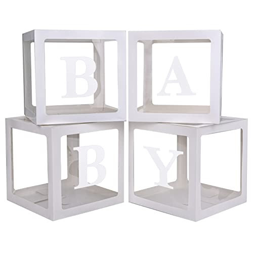 PABUES Baby Boxes with 4 PCS Letters for Baby Shower White Clear Balloon Box Blocks Gender Reveal Decorations and Birthday Party (White) | Amazon (US)