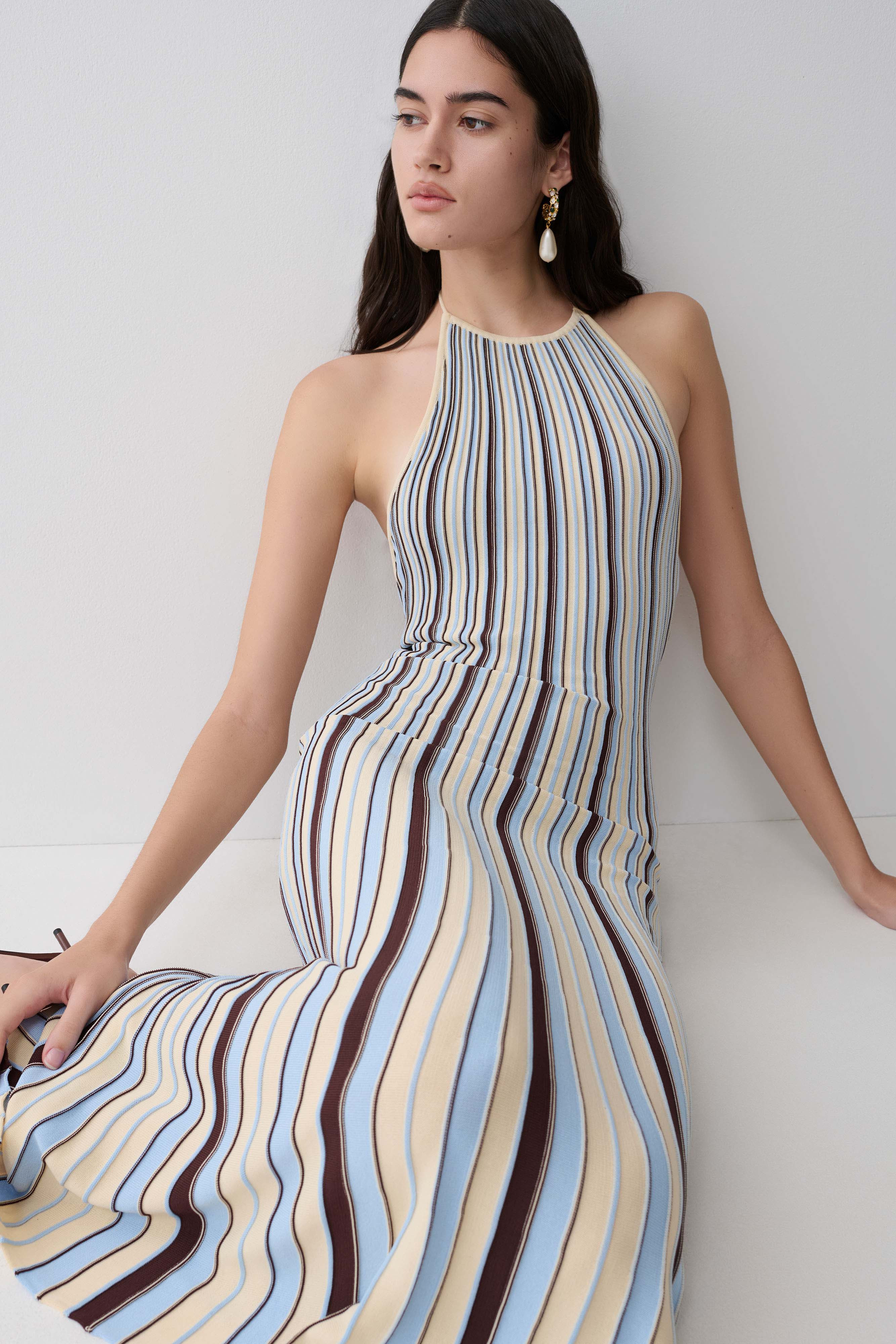 Dalani Halterneck Knit Midi Dress - Blue/Chocolate | MESHKI US