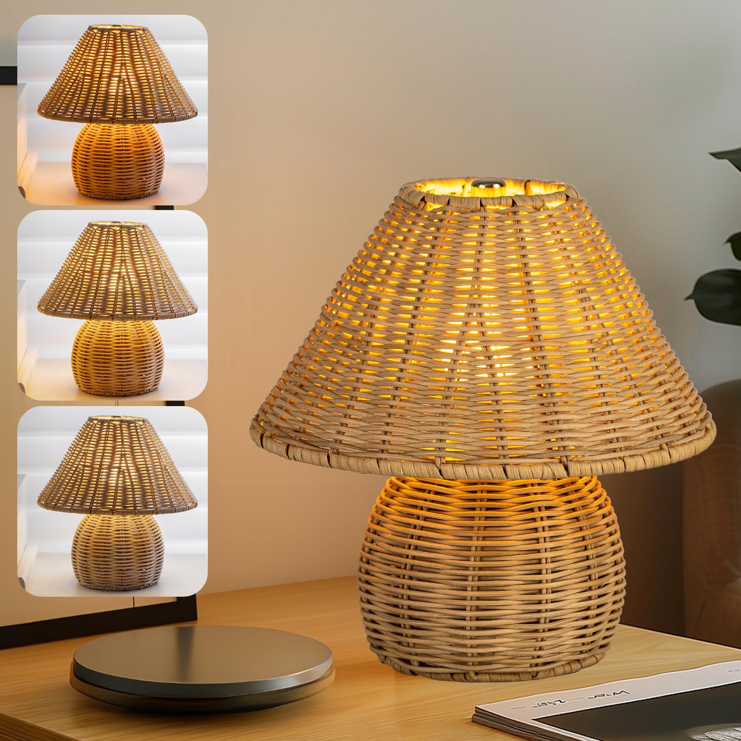 Bamboo Table Lamp Handmade Boho Rattan Bedside Lamp,3 Colors Adjustable Vintage Wicker Wooden Nig... | Amazon (US)
