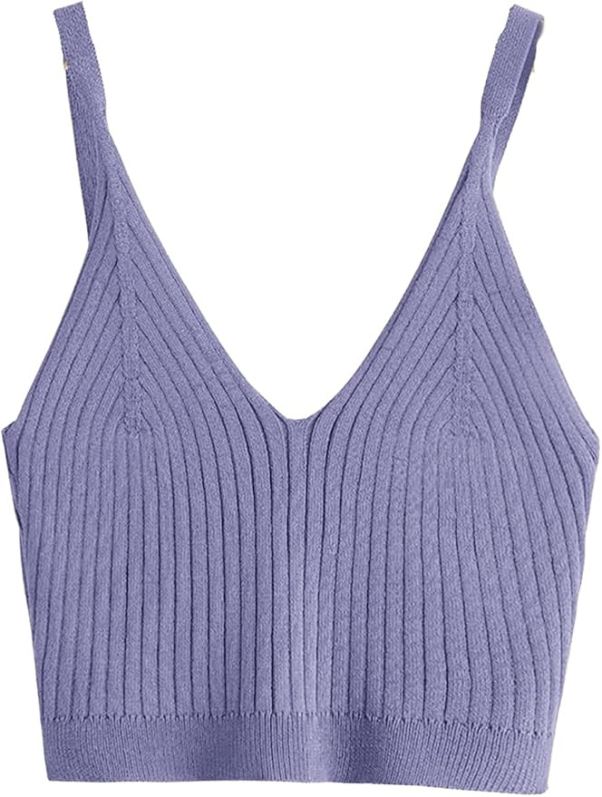 SweatyRocks Women's V Neck Crop Cami Top Ribbed Knit Spaghetti Strap Sleeveless Vest | Amazon (US)