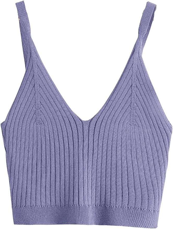 SweatyRocks Women's V Neck Crop Cami Top Ribbed Knit Spaghetti Strap Sleeveless Vest | Amazon (US)