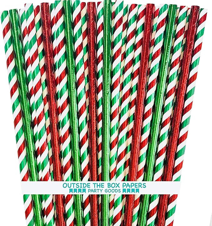 Outside the Box Papers Party Goods Red, Green and White Striped Foil Paper Christmas Straws, 100 ... | Amazon (US)