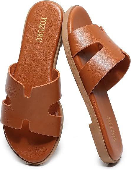 Womens Flat Sandals Dressy Summer Slides Comfortable Leather Sandals | Amazon (US)