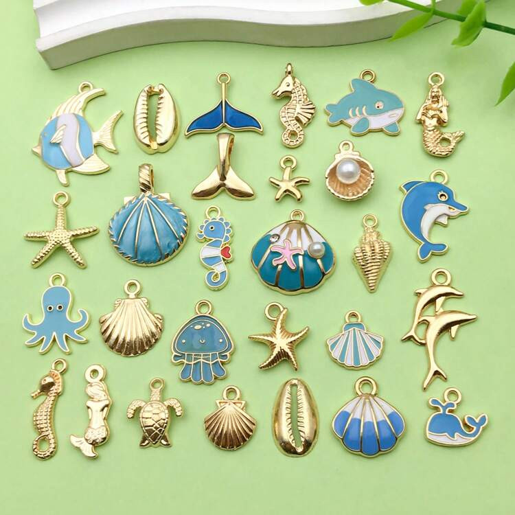 28pcs Mix Enamel Sea Life Charm KC Golden Shell Starfish Golden Plated Pendant For Beach Jewelry Making DIY Craft Keychain Ornament Craft Accessories | SHEIN