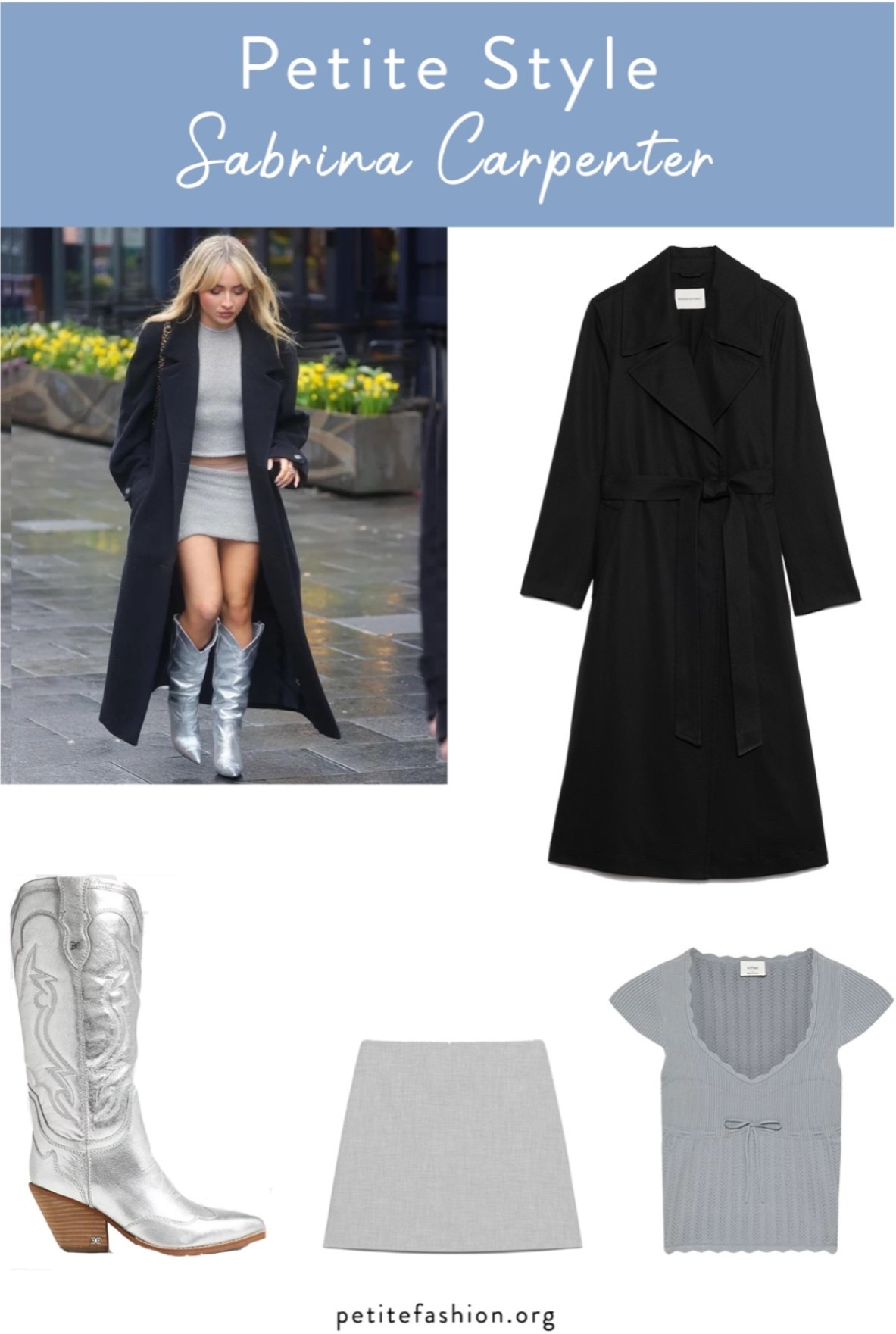 Sabrina Carpenter petite style

Sabrina understands the power of a statement coat or jacket to elevate an outfit. Bold outerwear can add depth and interest, drawing attention upward and balancing proportions.​ She pairs it with mini skirts or shorts and knee-high boots to balance out the fullness of the coat, which is why this combo really works for her as a petite.

To recreate the look, look for tailored coats or jackets with unique details like oversized buttons, belts, or distinctive textures. Ensure the fit is appropriate for a petite frame to avoid being overwhelmed by the garment.​ When in doubt, you can’t go wrong with a classic nude trench or black pea coat