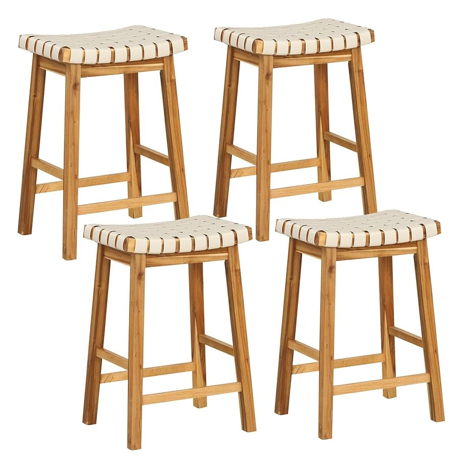 Giantex 25.5" Woven Bar Stools Set of 4, Faux PU Leather Counter Height Saddle Stools with Woven ... | Amazon (US)