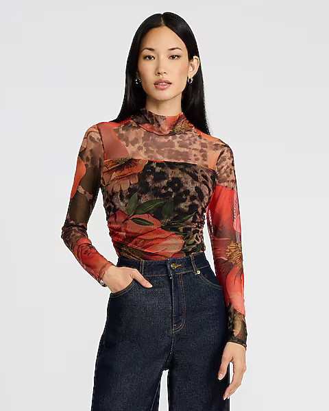 Floral Leopard Mesh Mock Neck Ruched Bodysuit | Express