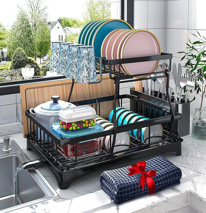 Dish Drying Rack, 2-Tier Dish Rack with Auto-Drain & Mat, Dish Racks for Kitchen Counter, Dish Dr... | Amazon (US)